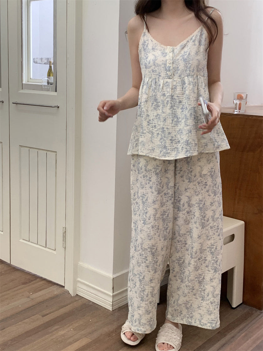 ボタニカルブルーキャミセットアップパジャマ