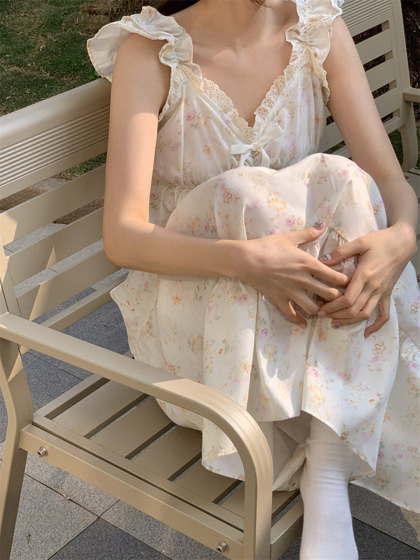 フラワーフリルフレアワンピースパジャマ