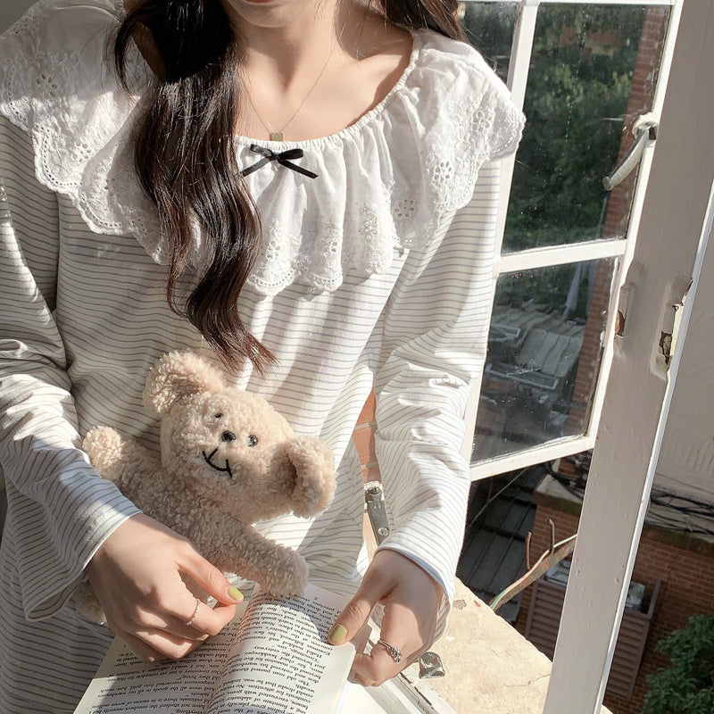 リボン付フリルボーダーセットアップパジャマ