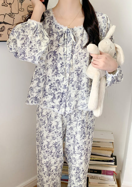 ネックリボンボタニカルセットアップパジャマ