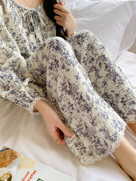 ネックリボンボタニカルセットアップパジャマ