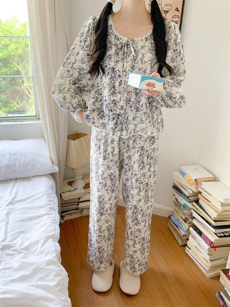 ネックリボンボタニカルセットアップパジャマ