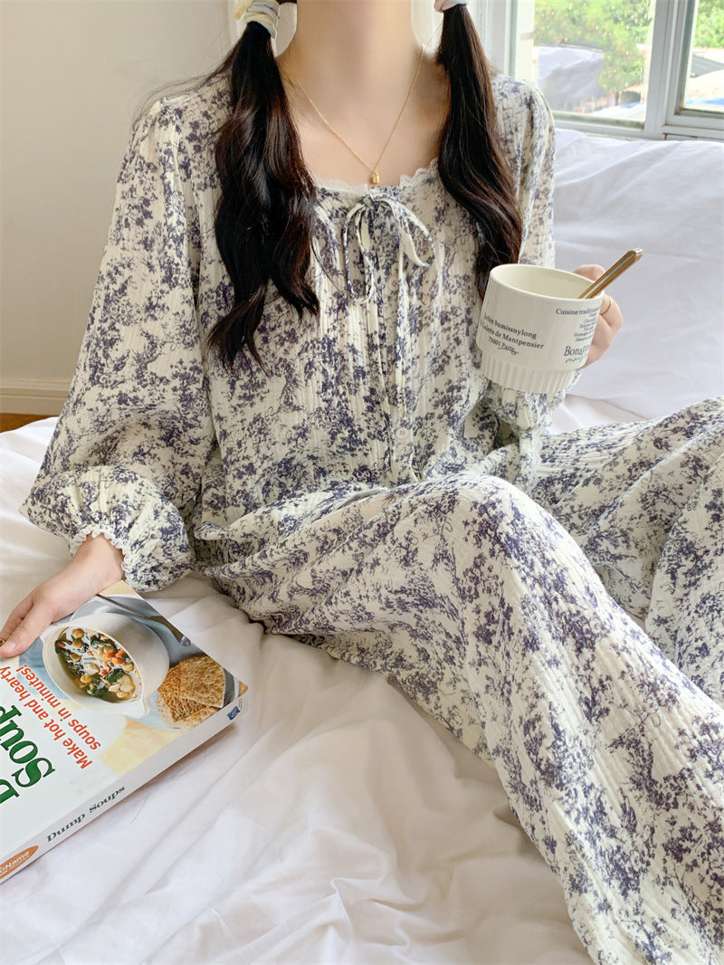 ネックリボンボタニカルセットアップパジャマ