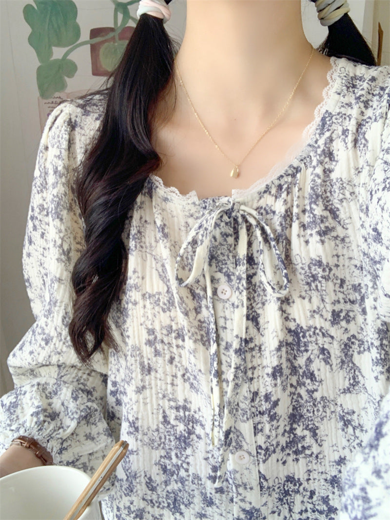 ネックリボンボタニカルセットアップパジャマ