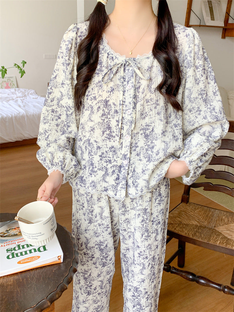 ネックリボンボタニカルセットアップパジャマ