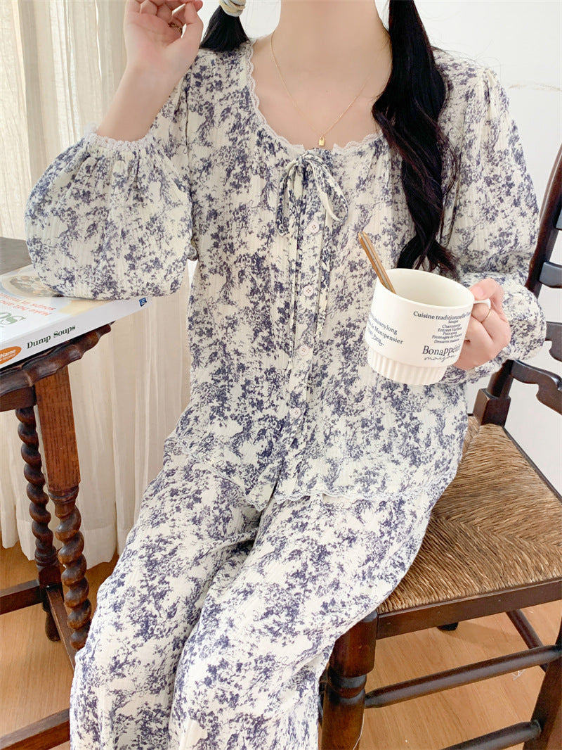 ネックリボンボタニカルセットアップパジャマ