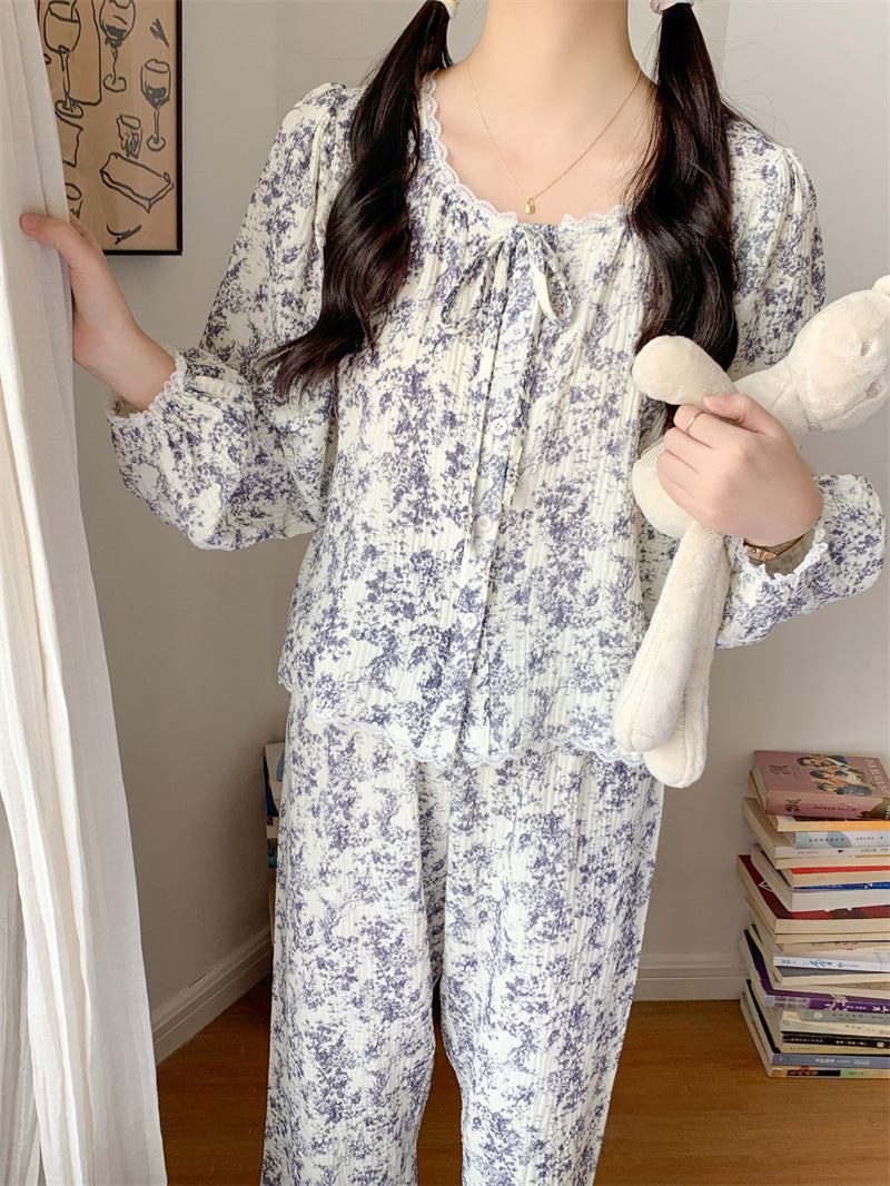 ネックリボンボタニカルセットアップパジャマ