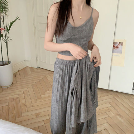 胸パッド付透かし編みグレーセットアップパジャマ