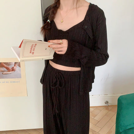 胸パッド付透かし編みブラックセットアップパジャマ