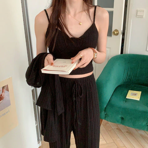 胸パッド付透かし編みブラックセットアップパジャマ