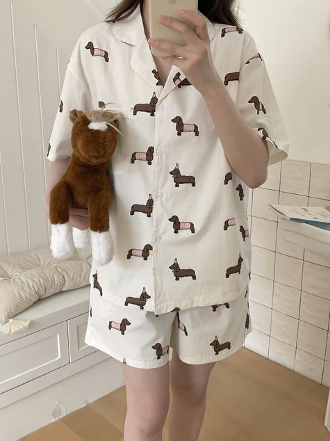 ワンちゃん総柄シンプル半袖セットアップパジャマ