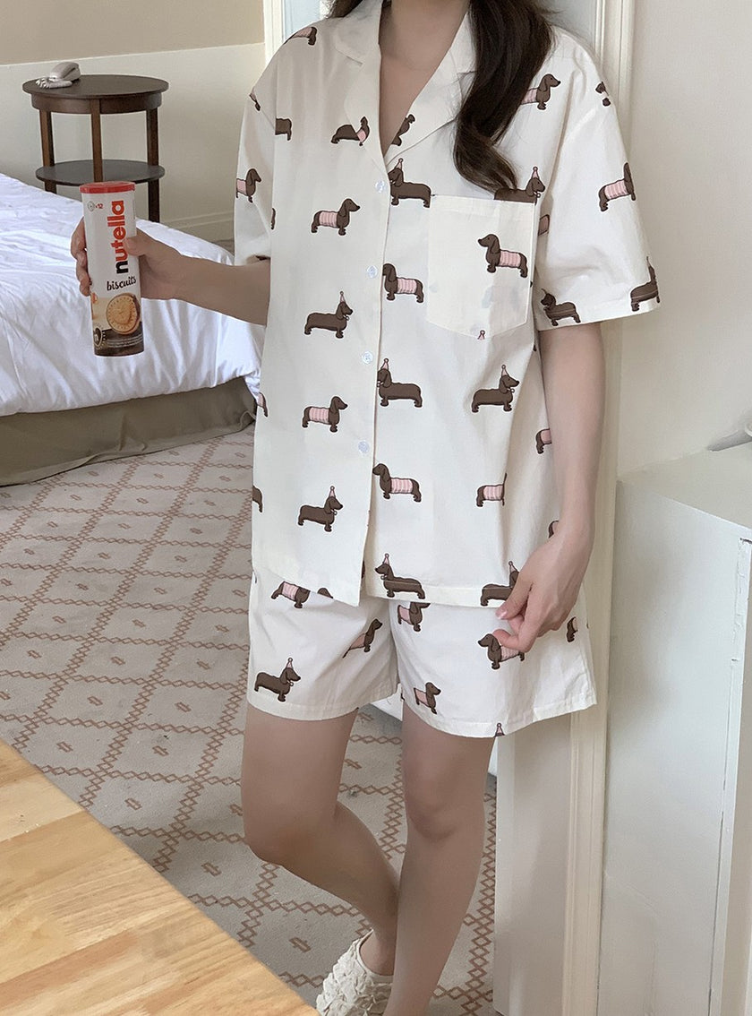 ワンちゃん総柄シンプル半袖セットアップパジャマ