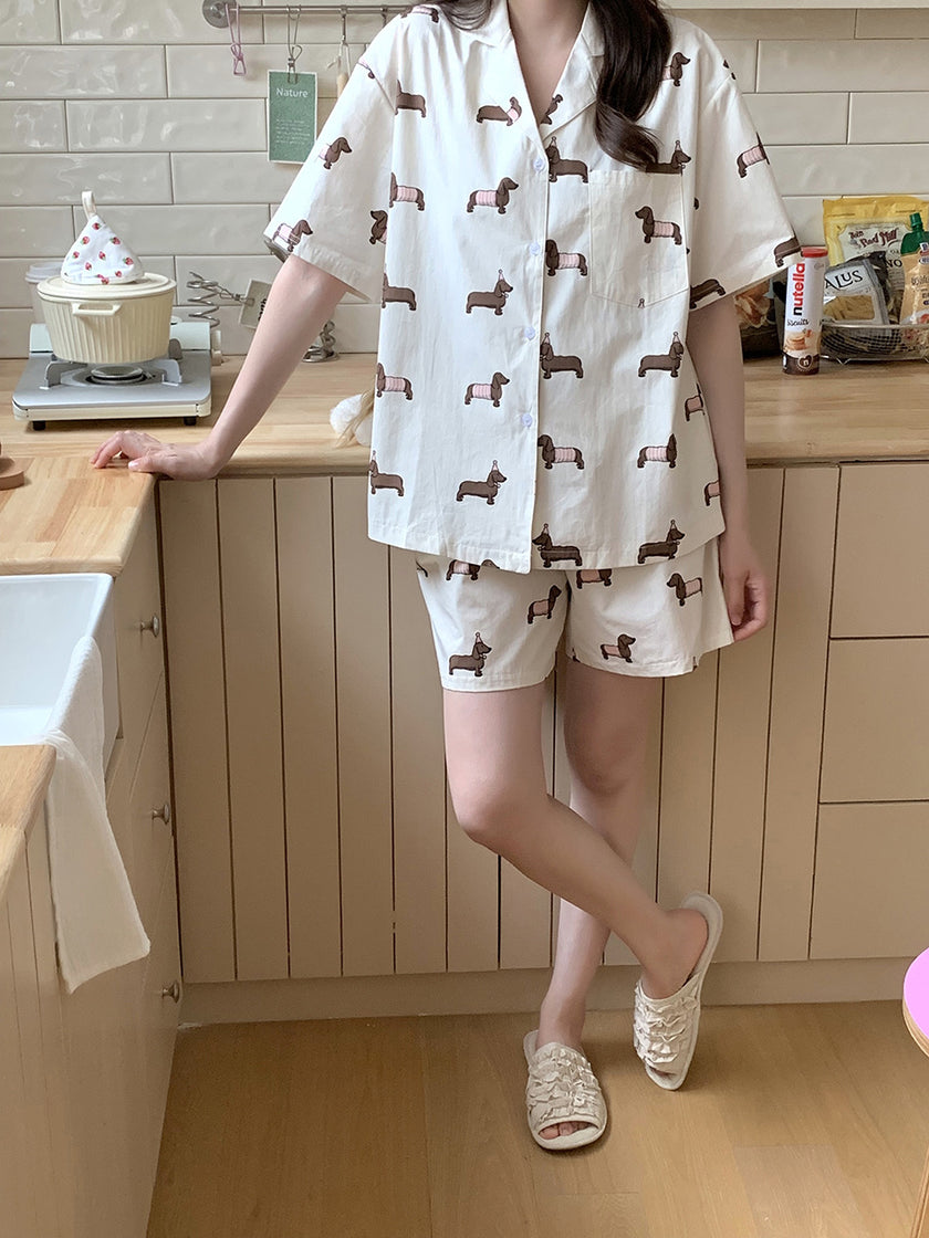 ワンちゃん総柄シンプル半袖セットアップパジャマ