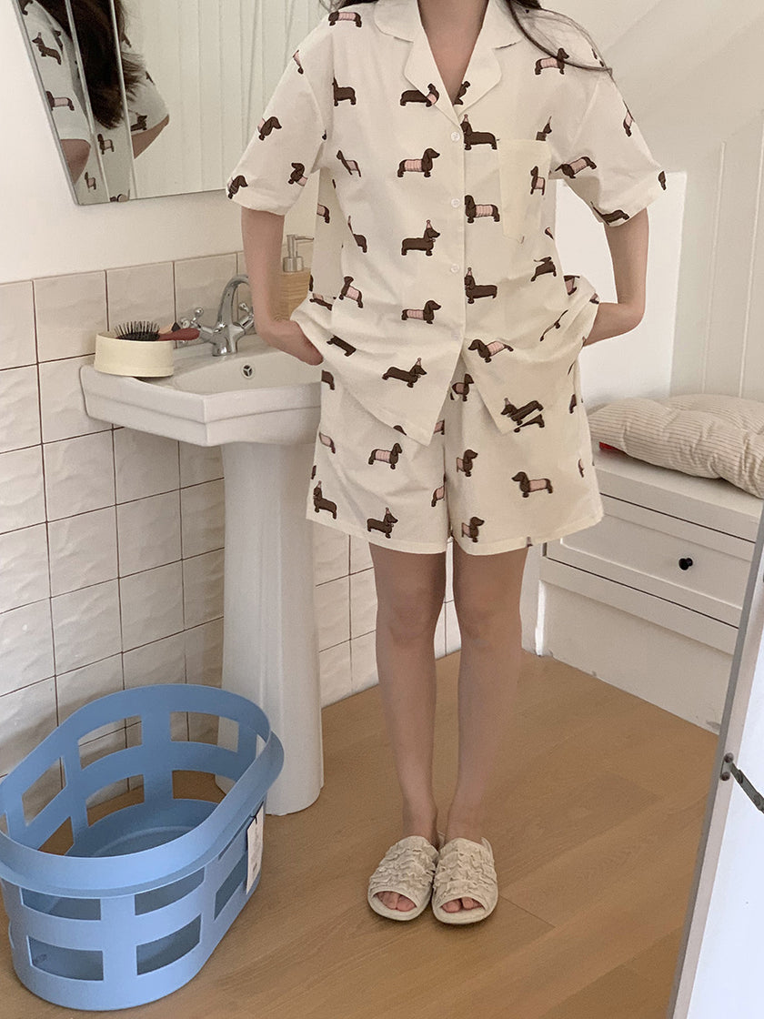 ワンちゃん総柄シンプル半袖セットアップパジャマ