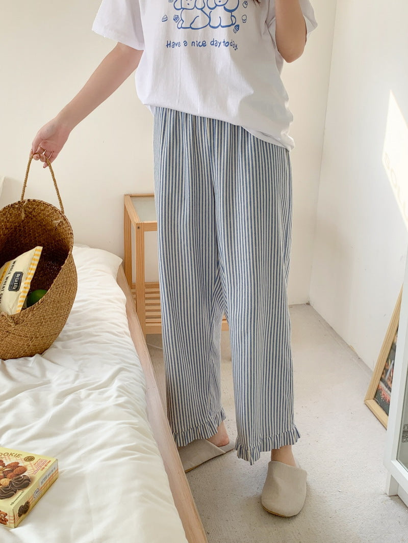 ブルーストライプ裾フリルパンツ