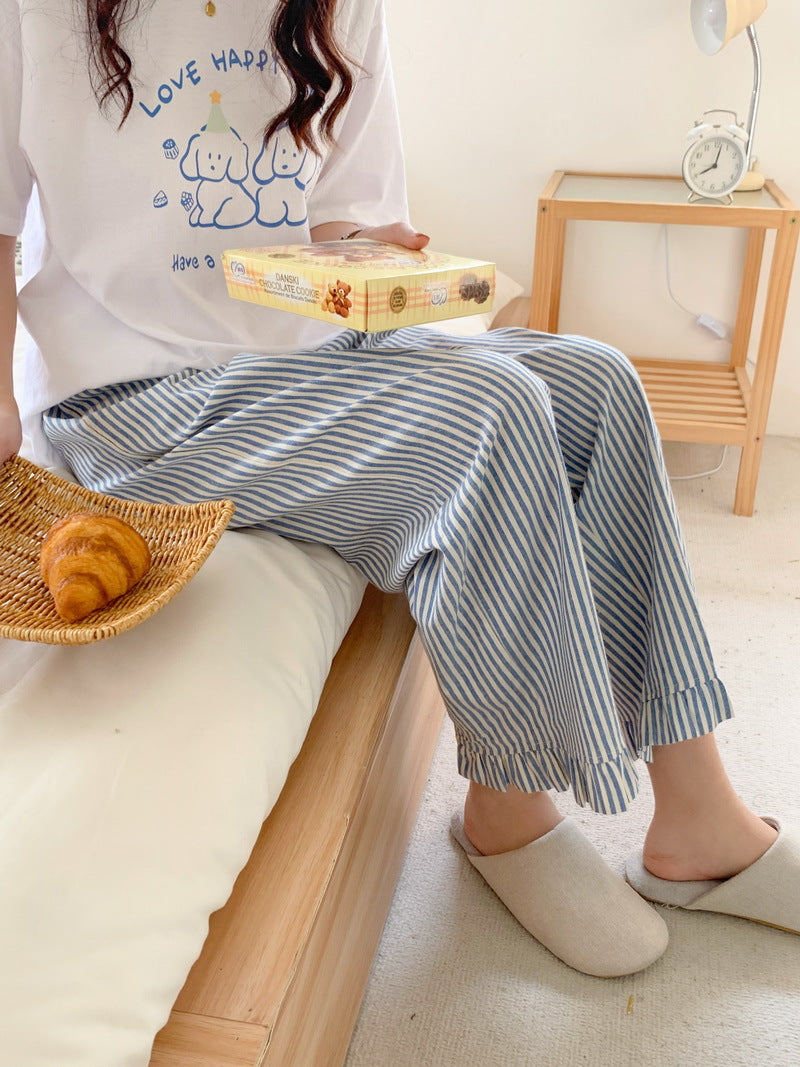 ブルーストライプ裾フリルパンツ