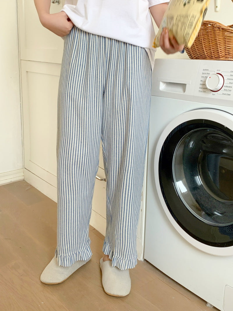 ブルーストライプ裾フリルパンツ