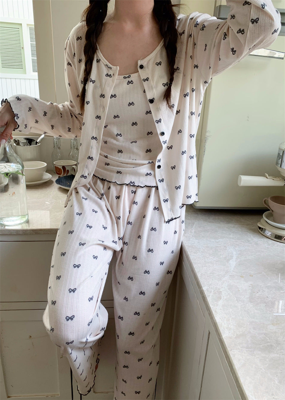 胸パッド付リボンシャワーリラックス3セットパジャマ