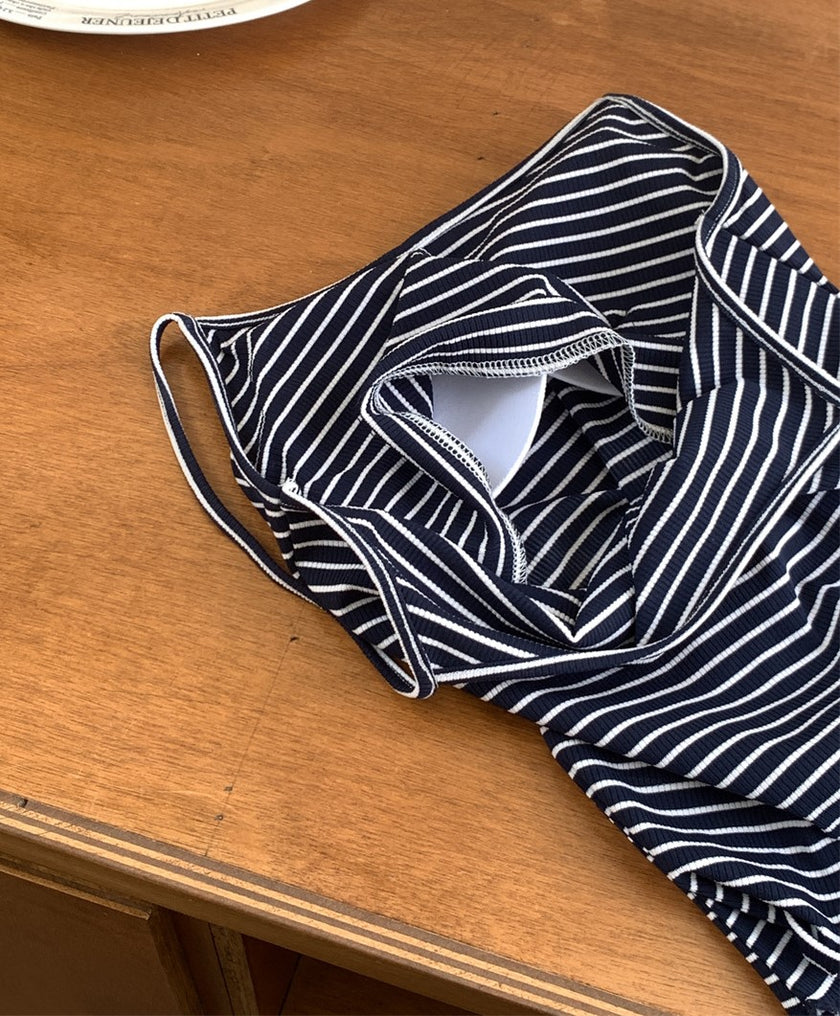 胸パッド付ボーダーデザインセットアップパジャマ