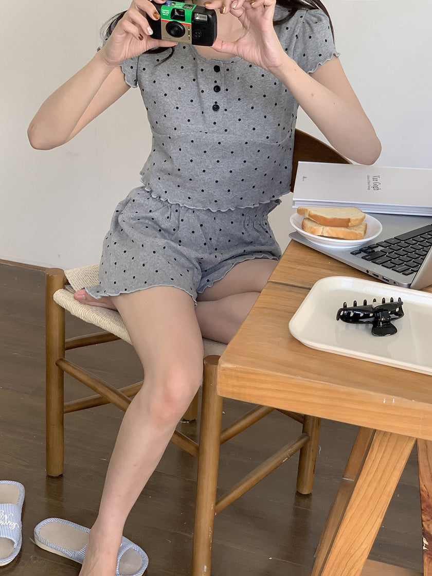 ドット裾フリル半袖セットアップパジャマ
