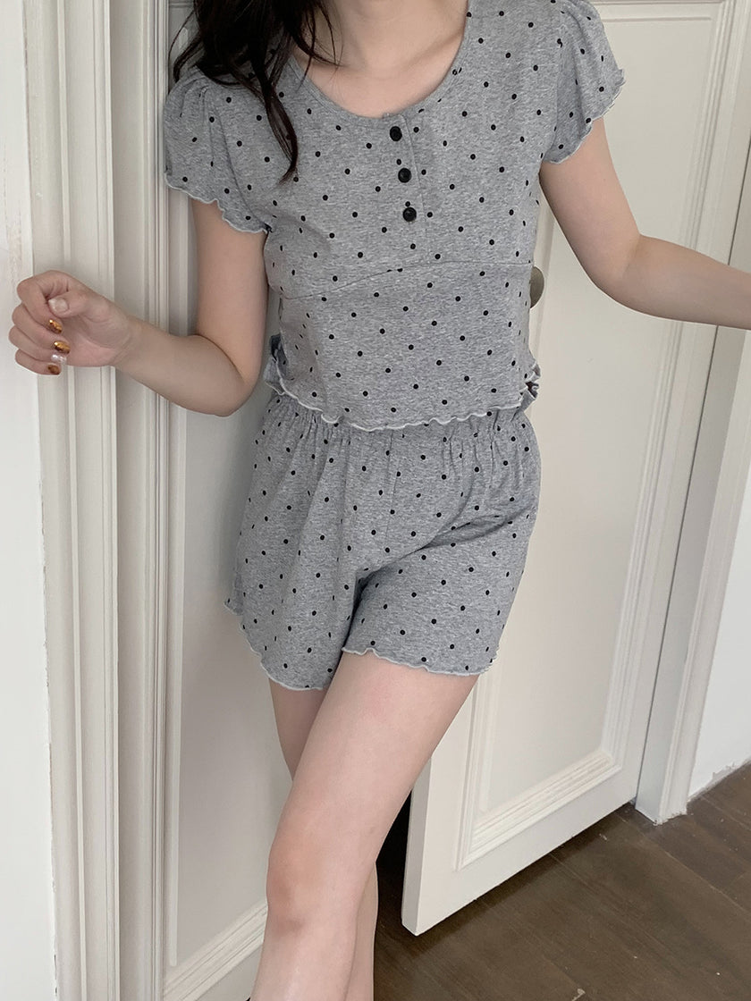 ドット裾フリル半袖セットアップパジャマ
