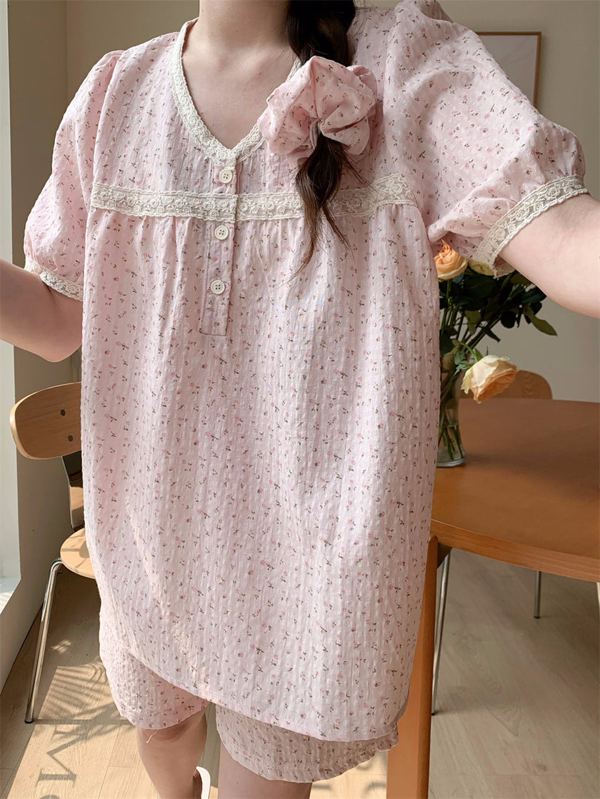 小花柄パフスリーブセットアップパジャマ