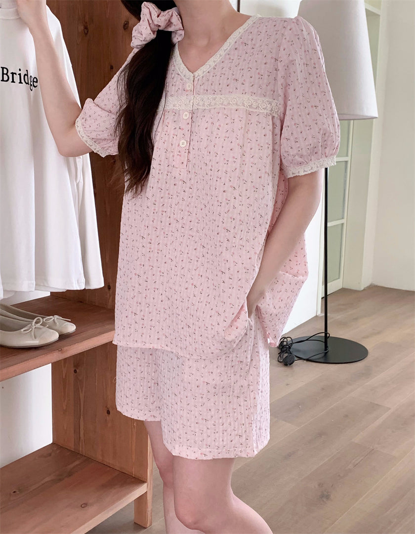 小花柄パフスリーブセットアップパジャマ