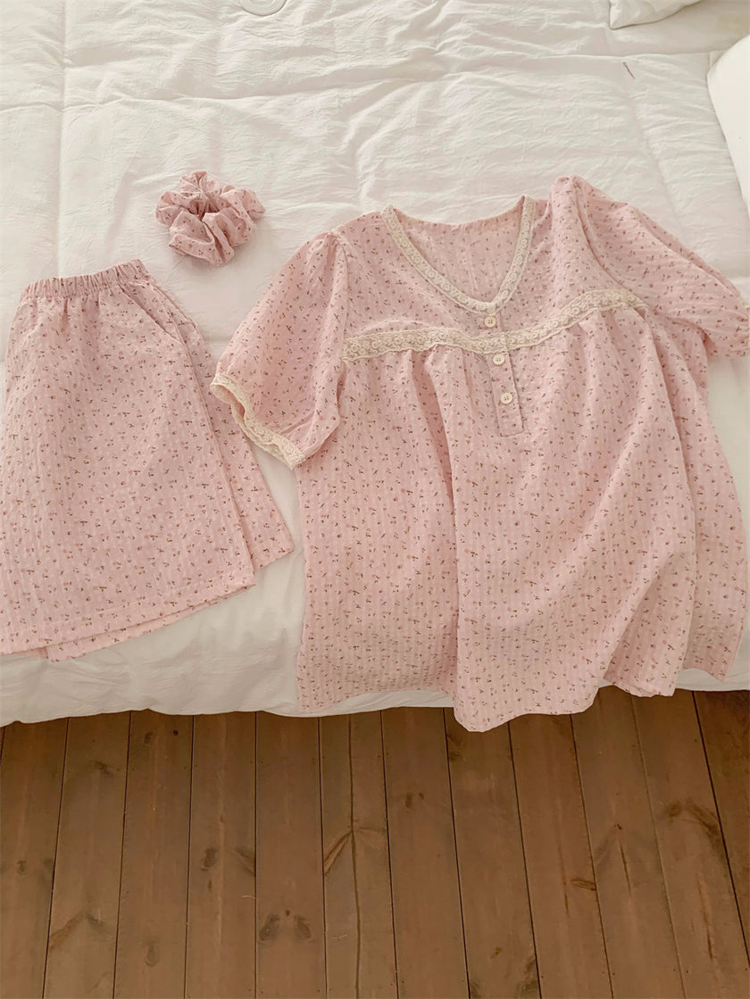 小花柄パフスリーブセットアップパジャマ