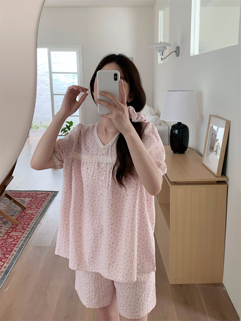 小花柄パフスリーブセットアップパジャマ