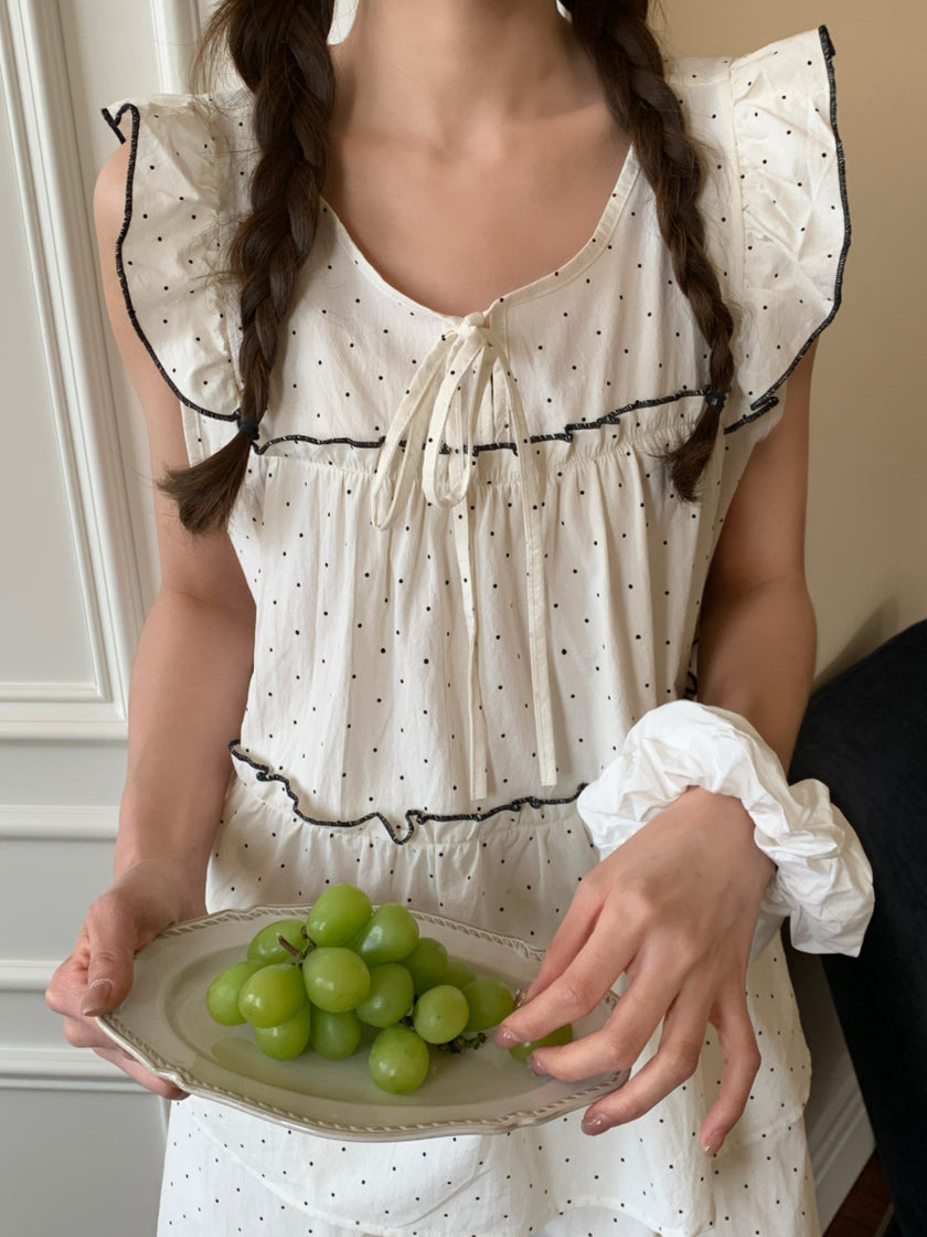 フリルドットノースリーブセットアップパジャマ