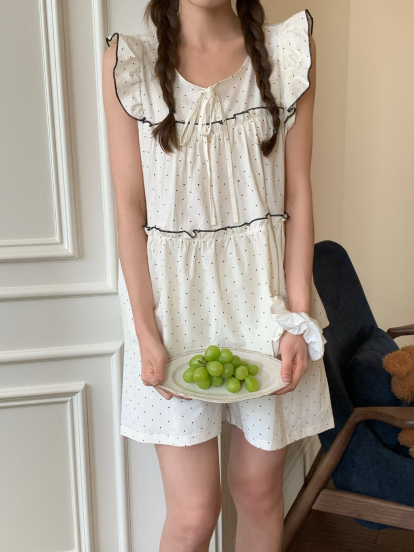 フリルドットノースリーブセットアップパジャマ