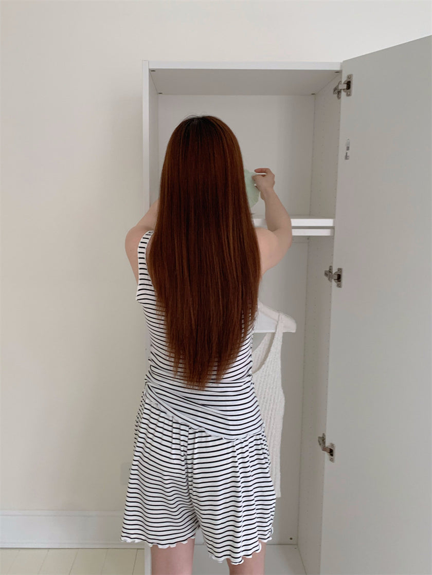 胸パッド付ボーダーノースリーブセットアップパジャマ