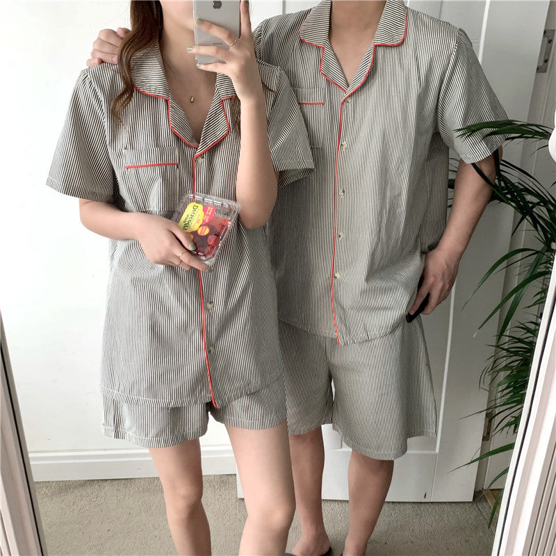 パイピングストライプ半袖カップルセットアップパジャマ