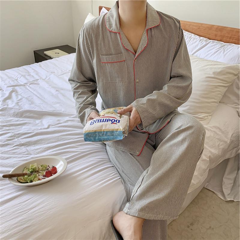 パイピングストライプ長袖カップルセットアップパジャマ