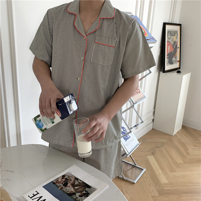 パイピングストライプ半袖カップルセットアップパジャマ
