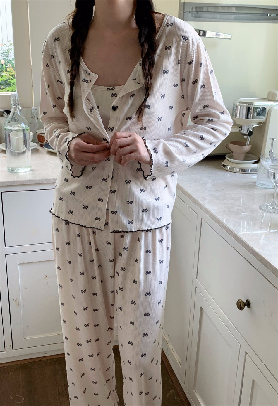 胸パッド付リボンシャワーリラックス3セットパジャマ